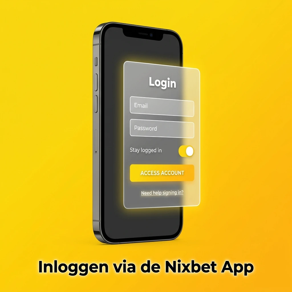 Nixbet app inlogscherm met stappen voor veilig inloggen via e-mail, wachtwoord, Face ID of Touch ID op iPhone