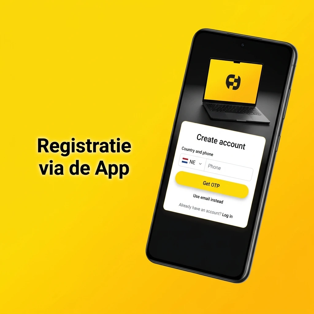 Stapsgewijze registratie via mobiele app met persoonlijke gegevens, wachtwoord en KYC-verificatie voor Nederlands account