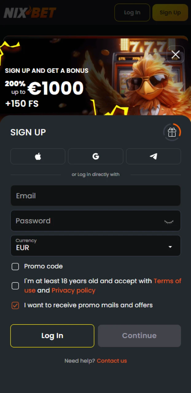 Maak een account aan en begin met spelen via de Nixbet iOS app.