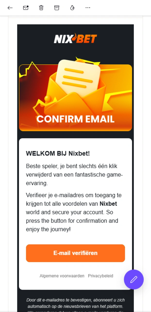 Bevestig je e-mailadres voor de Nixbet registratiebonus.